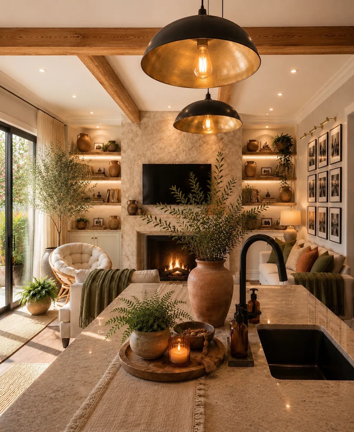 Photoreal design visualization of a Muskoka cottage kitchen with black pendant lights, warm timber shelving, and stone counters