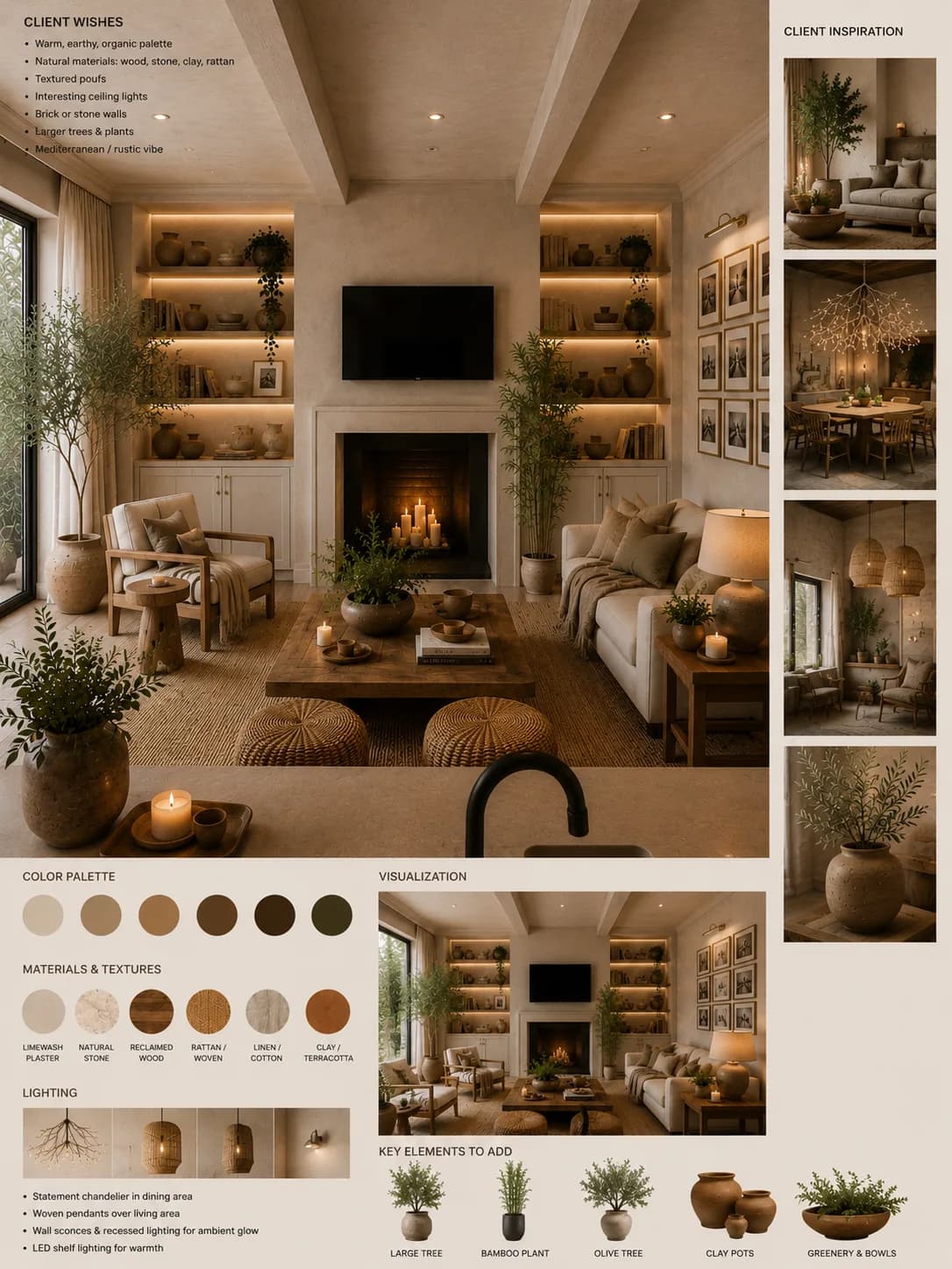 Living room design board with fireplace concept, colour palette, materials, and lighting selections